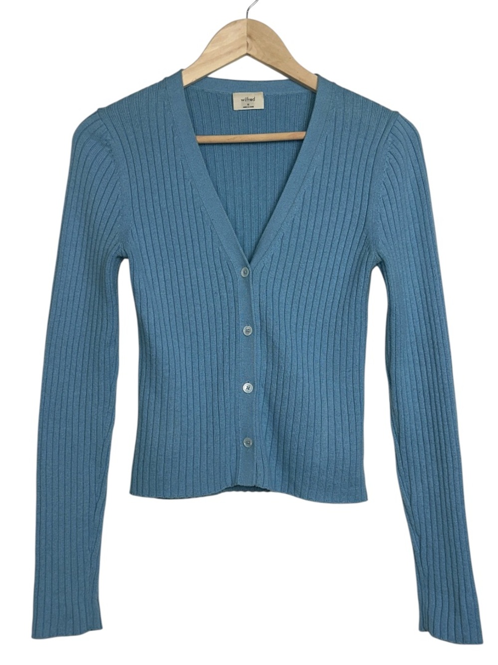 Wilfred x Aritzia Manila Fine Merino Wool Cotton Blend Cardigan in Steel Blue - Picture 2 of 13